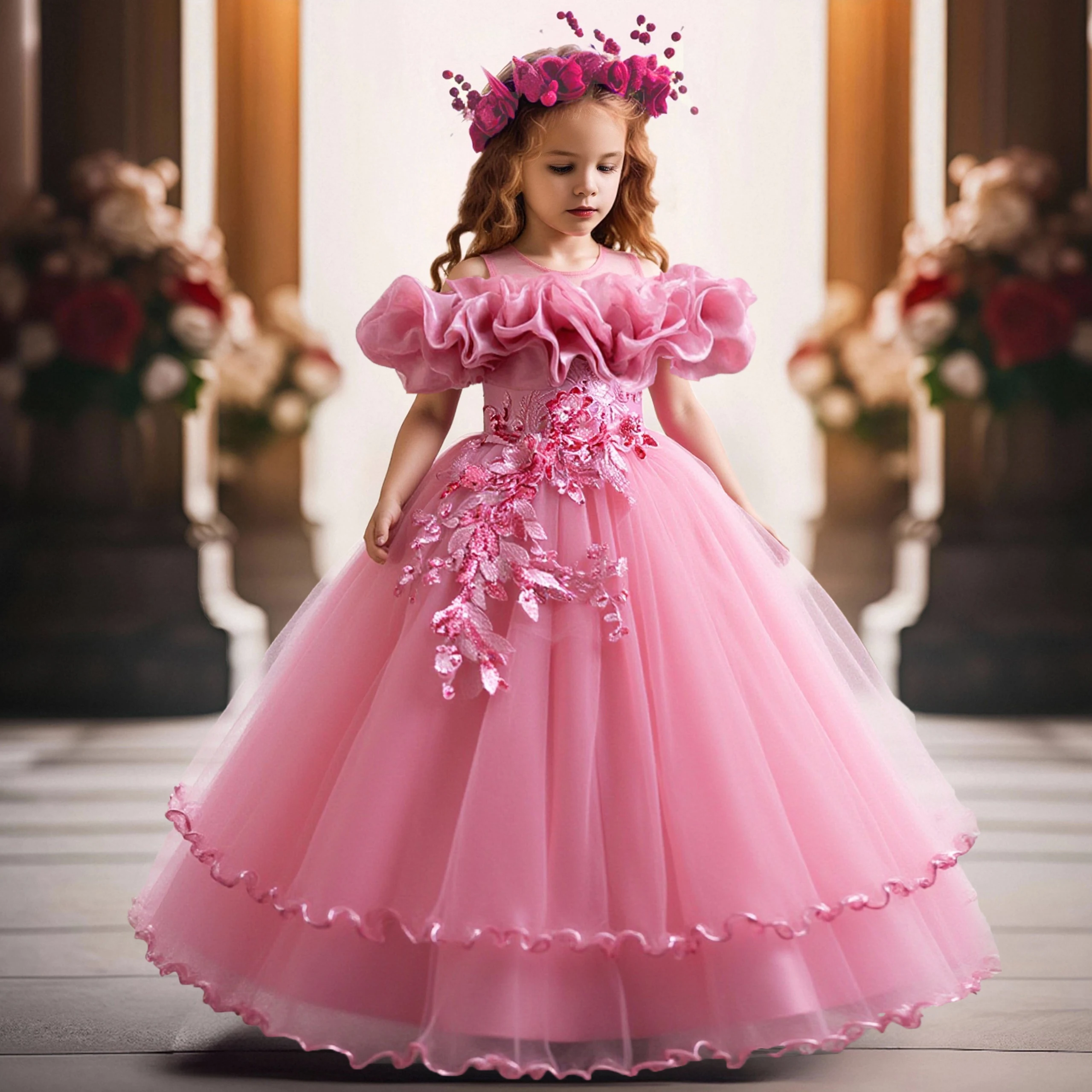 Elegante rosa Blume Hochzeit Mädchen Party Kleider Brautjungfer Ballkleid Weihnachten Prinzessin Mädchen Kleid Erstkommunion Kinder Kleidung