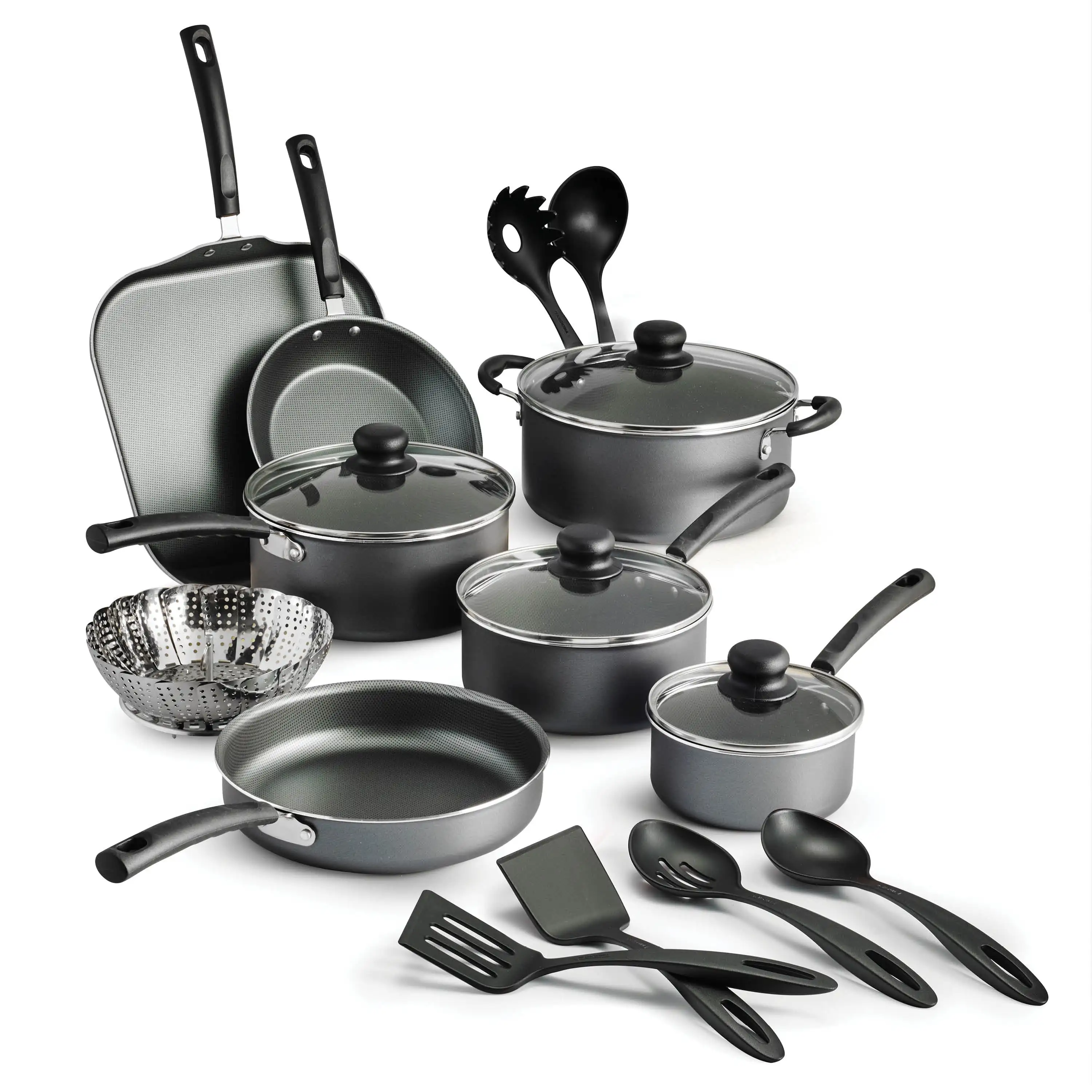 18 Piece Non Stick Cookware Set Steel Gray Patterned Gray Interior Non Stick Coating for Easy Cooking and Cleaning