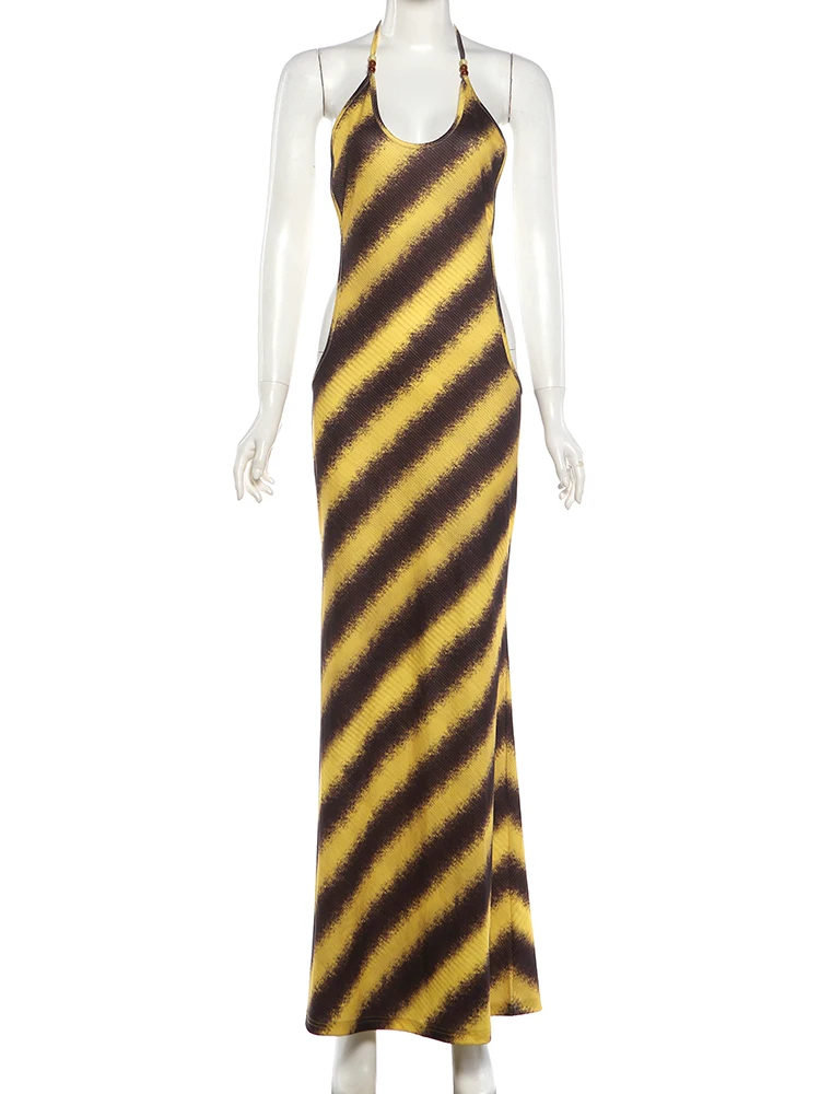 Weird Puss Sexy rückenfreies Kleid mit Kreuzmuster, Damenmode, gestreift, mit Perlenbesatz, ärmellos, heiß, für Strand, Urlaub, Party, figurbetont – Detail 3