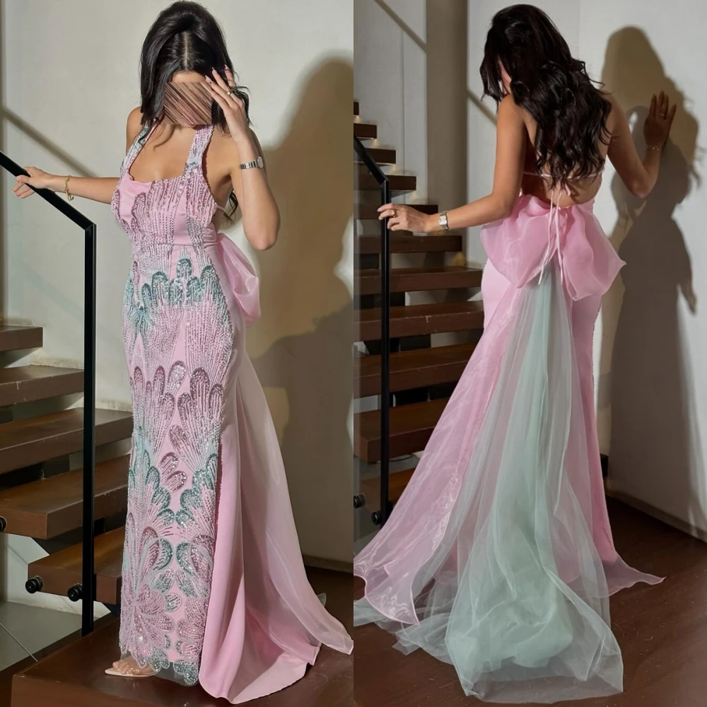 

Customized Luxury Jersey Halter Evening Dress Fashion Sweep Train Prom Dresses Delicate Sleeveless Special Occasion Gowns