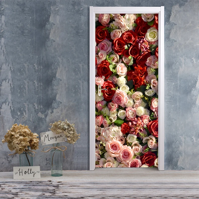 

Modern Simple Red Pink Rose Flower Wallpaper Door Mural PVC Self-Adhesive Waterproof Living Room Bedroom Sticker 3D Papel Tapiz