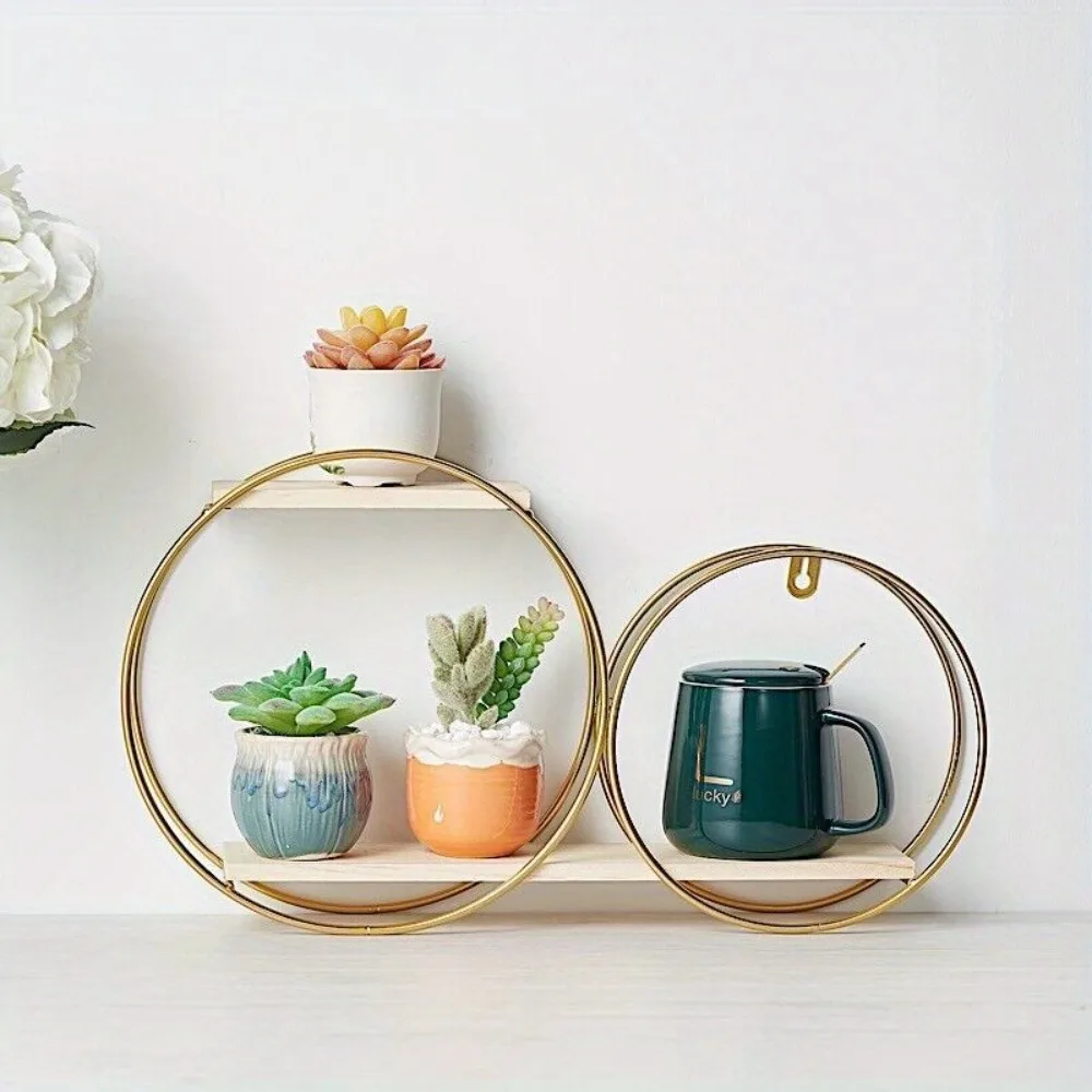 

Gold Natural 2 Tier Round Metal Geometric Floating Shelf Decorations