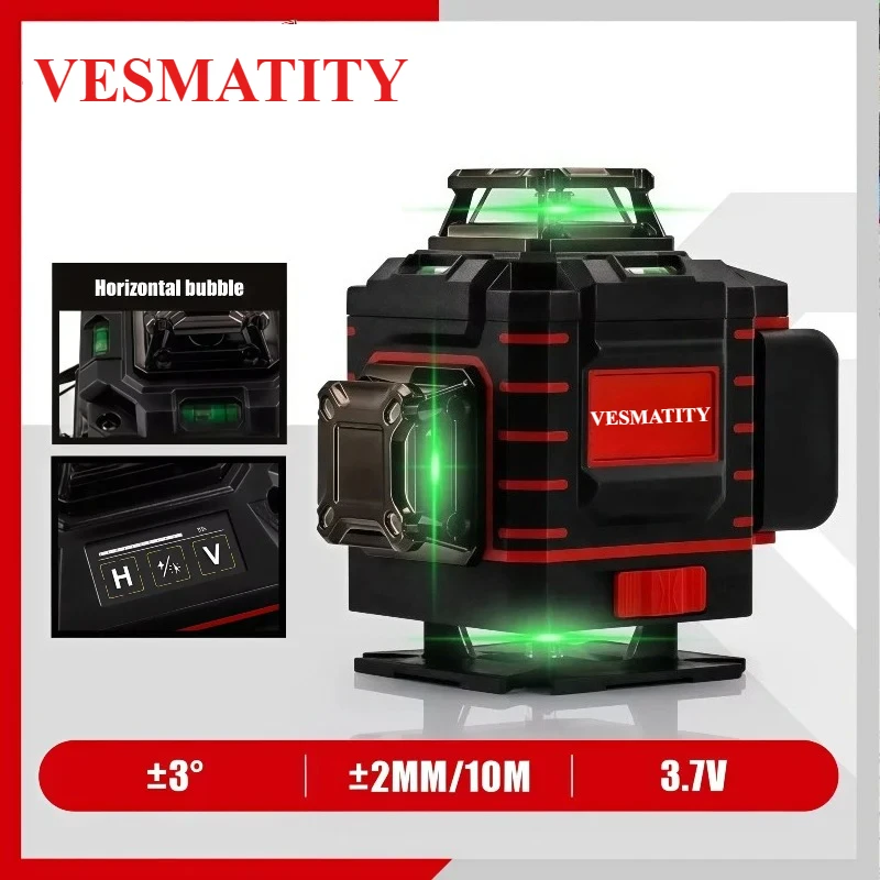 4 Sides*360 Degree Vertical Laser Level Green Beam Self-leveling Vertical 16 Lines Cross Line Lase Tool with Battery