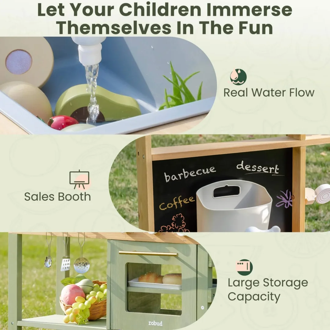 Robotime Robud Outdoor Play Kitchen Houten Monteeori-speelgoed voor kinderen buiten vanaf 3 jaar Groen