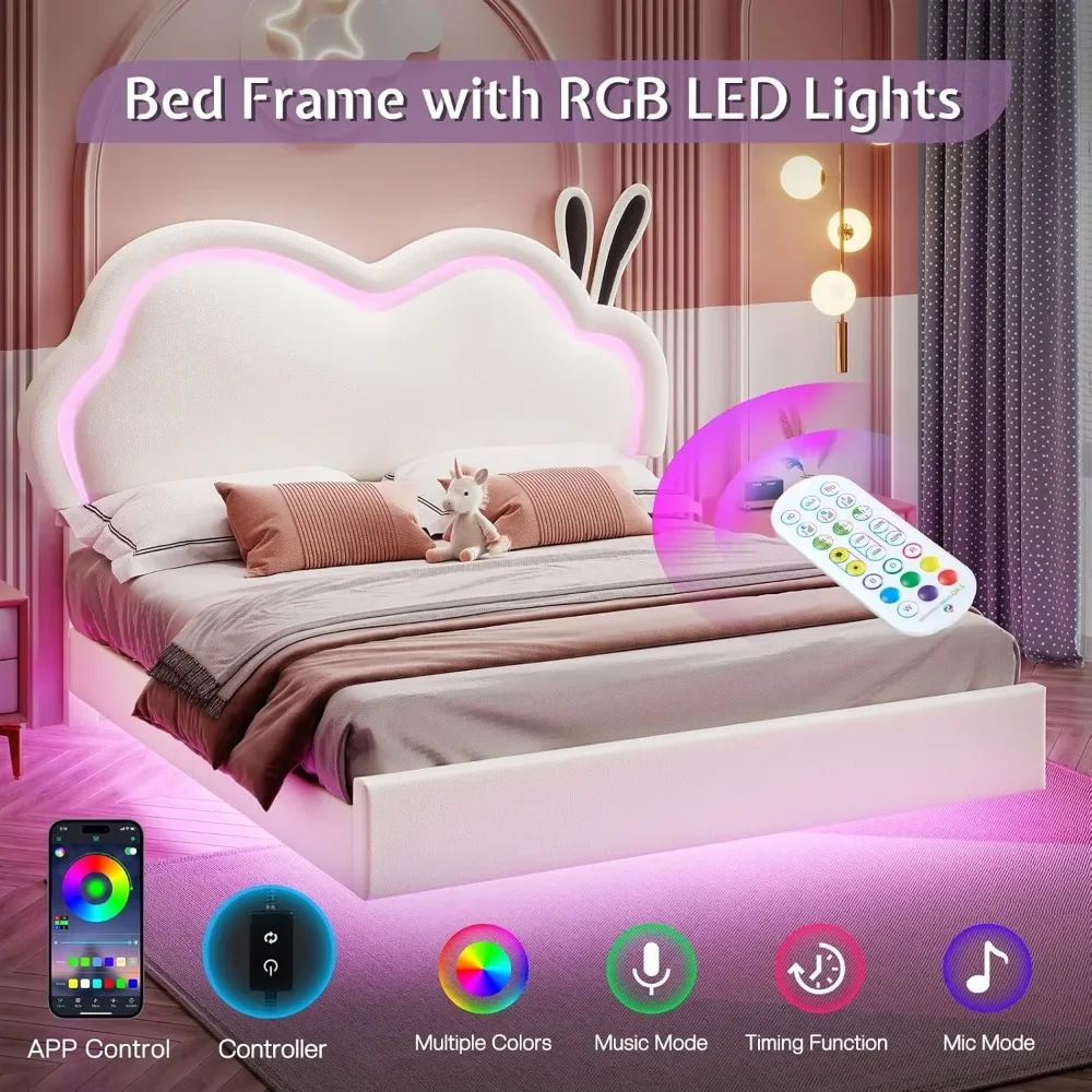 LED Twin Bed Frame for Girls Upholstered Floating Bed with Cute Cloud Headboard, No Box Spring Needed, Leather, White