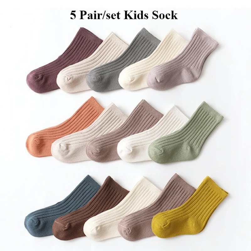 

5pair/set 100% Cotton Double Ribbed Crew Socks for Kids Cute Candy Color Fashion Unisex Boys Girls Calf Socks School Sock