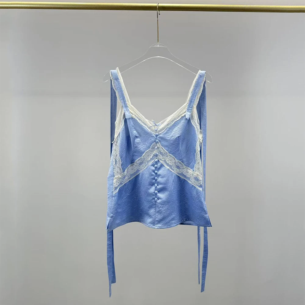 Women's Lace Trim Pleats Camisole Tie Shoulder V Neck Sleeveless Vest Button Front Casual Top Spring 2026 New Arrival  Y2K