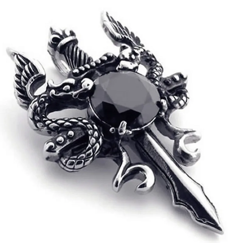 الإبداعية شخصية الشرير الأحمر الزركون مزدوجة التنين السيف قلادة قلادة للرجال القوطي روك الفولاذ المقاوم للصدأ طوق سلسلة مجوهرات