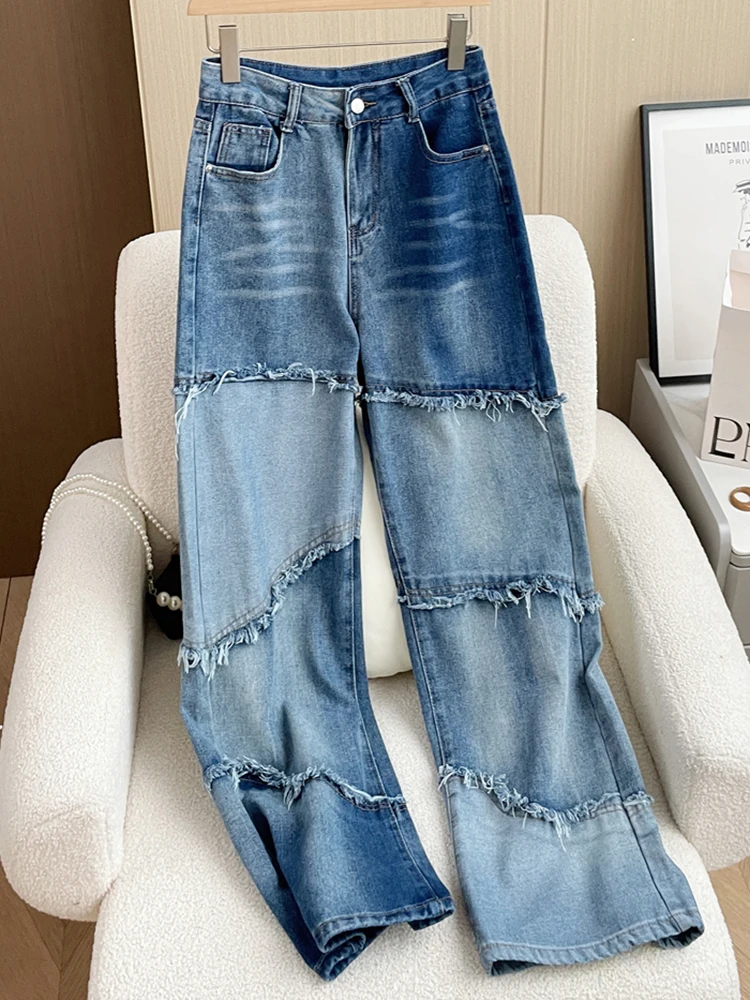 Retro Color Patchwork Jeans Women Y2K Streetwear Ripped Tassel Denim Pants High Waist Wide Leg Straight Trousers Girls Designer