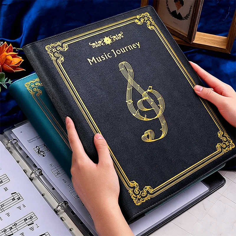 A4 Sheet Music Folder with Strong Clip, Leather Piano Music Binder, 180 Degree Flat Page Organizer for Practice and Performance