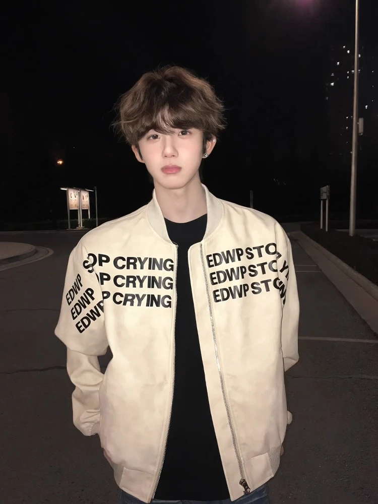 

Unisex American Style Lettering Flight Jacket High Street Autumn Winter Outerwear Zipper Closure Loose Fit Baseball Shirt