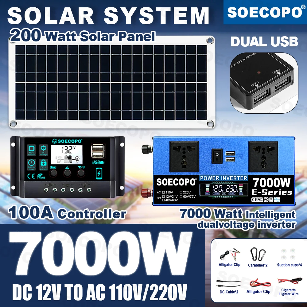 

Stable Power No noise 7000W Solar kit 200W Portable Panel 100A Controller 110V/220V Inverter for Beginner Bed Van Home fish boat