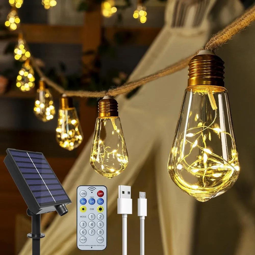 160LightEmittingDiodeSolarGarden Light 6m Hemp Rope Flower Color Remote USB 8 Mode Shatterproof Bulb Waterproof Outdoor Lighting
