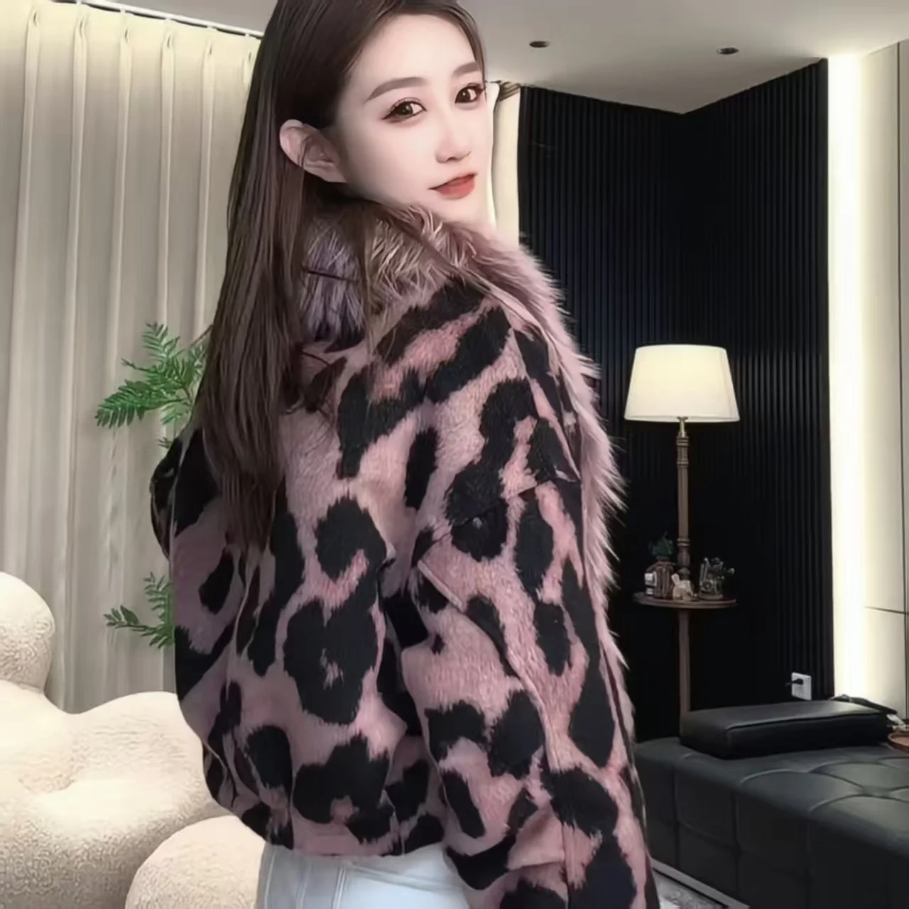 Faux Fur Coat for Women,Raccoon Dog Fur Collar Jacket,Leopard Print Overcoat,Female Clothes,Luxury,Autumn and Winter,2026