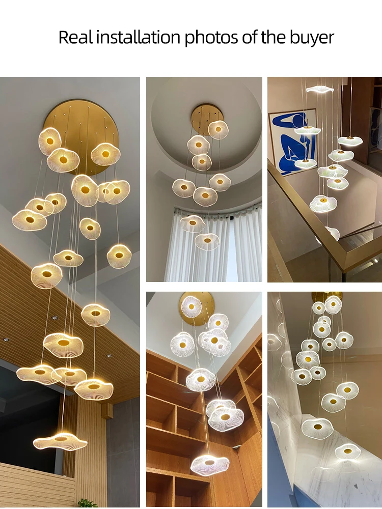 2024 New LED Lotus Leaf Design Staircase Modern Ceiling Chandelier Hotel Lobby Lustre Villa Kitchen Long Chandelier Lighting