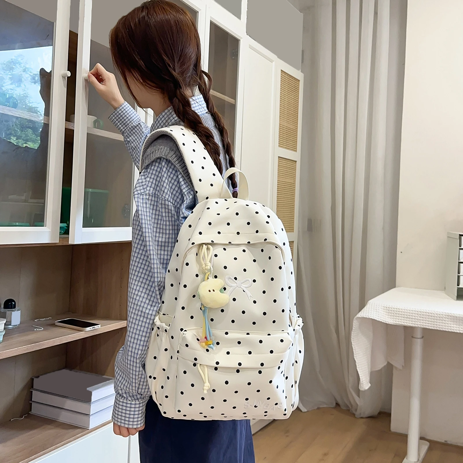 Korean Style Cute Polka Dot Backpack Nylon Women Large Capacity Campus Daypack