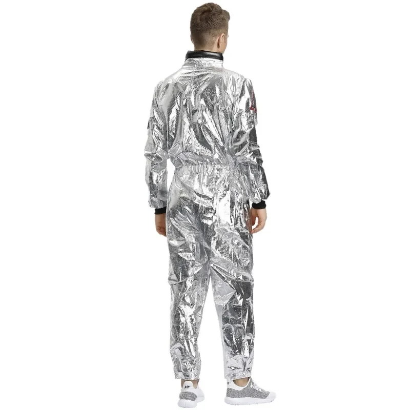 Homem prata astronauta piloto cosplay traje masquerade alienígena spaceman fantasia macacão masculino vestuário