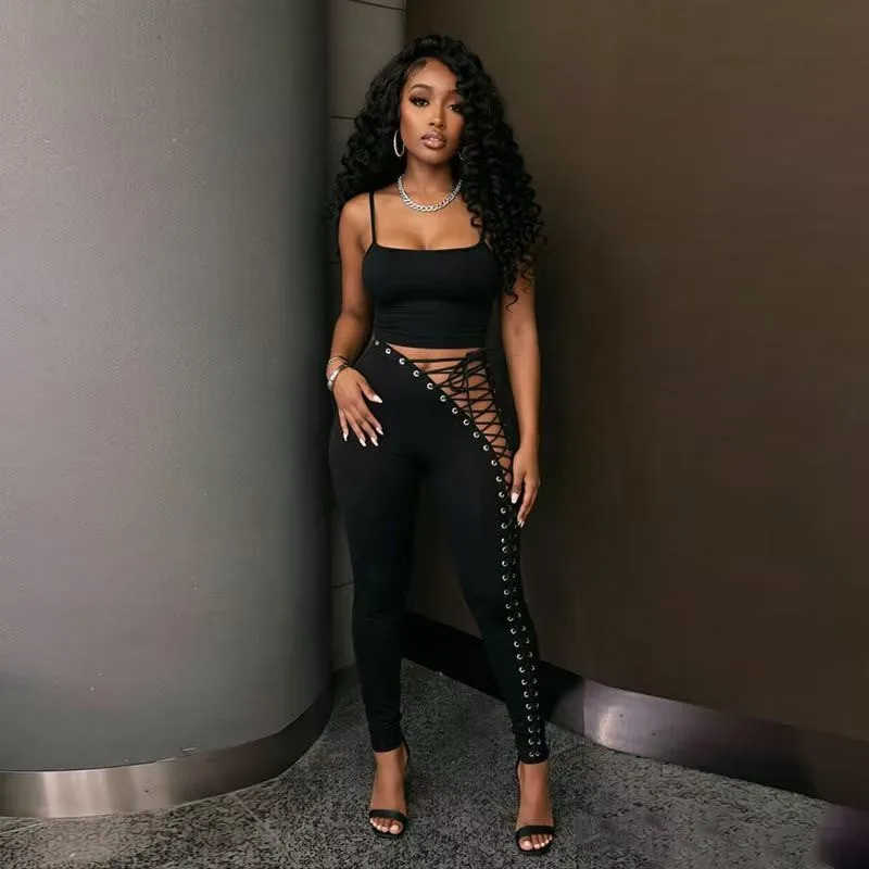 Gtpdpllt Women Sexy 2 Piece Set Leopard Camisole Crop Top And Side Lace Up Cutout Skinny Pants Y2K Clubwear Party Outfits