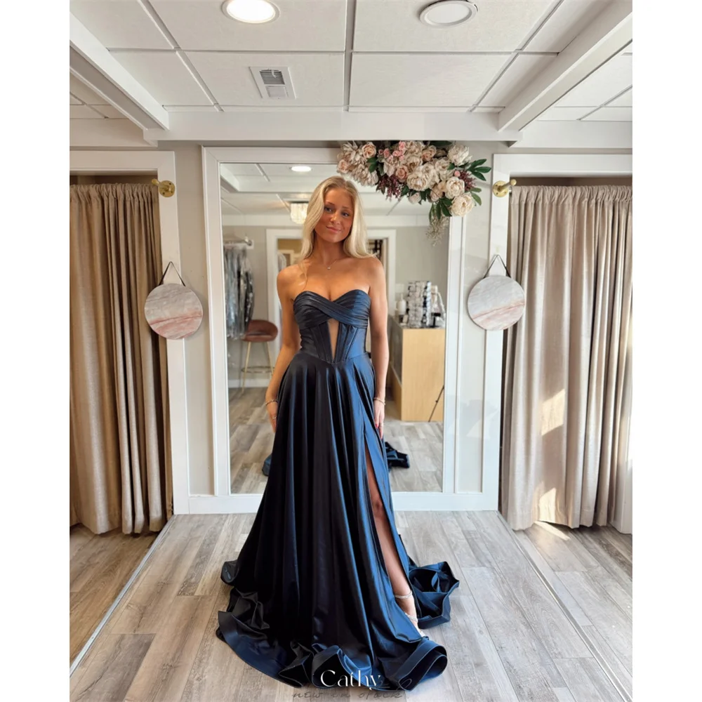 

Cathy Customized Navy Sweetheart Strapless Cut-out Prom Dress A-line Side Slit vestidos de noiva Sweep Train Evening Dresses