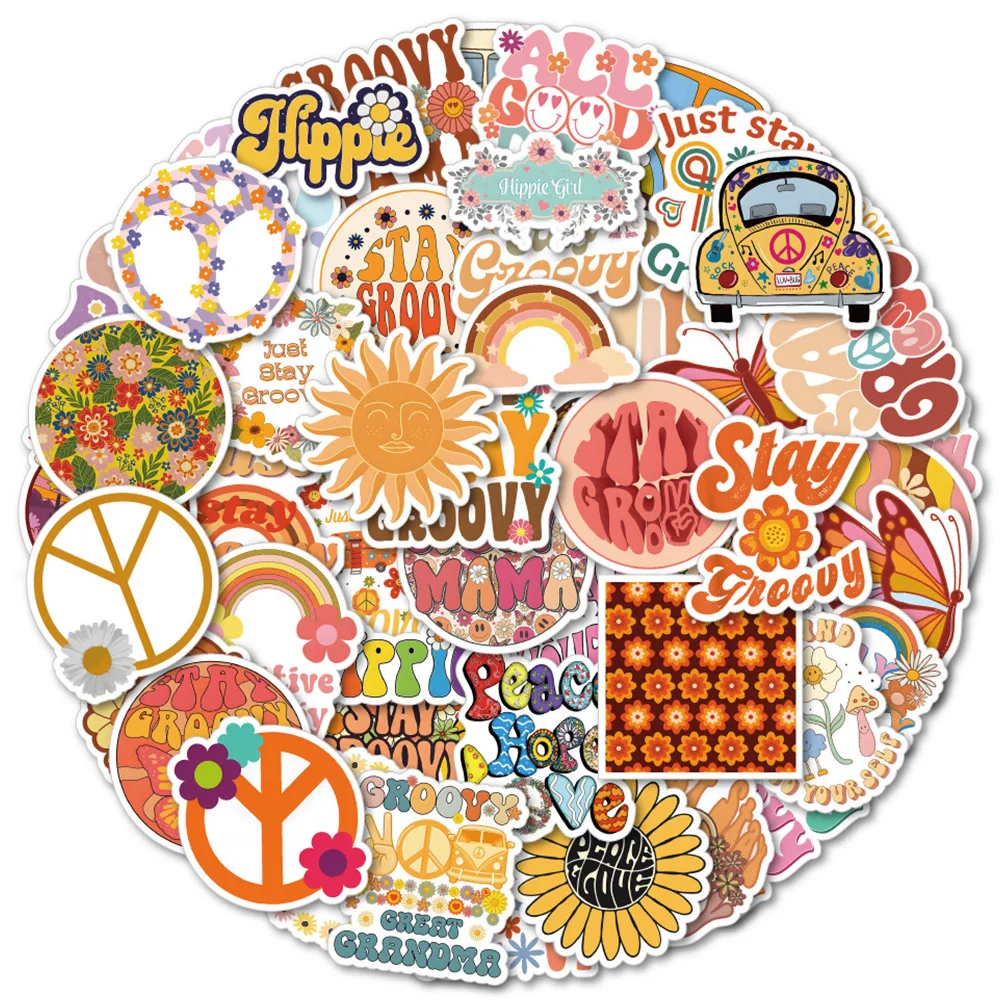 

10/30/50/100pcs Retro Cute Boho Hippie Cartoon Stickers Fresh Aesthetic Graffiti Decals Water Bottle Phone Fridge Sticker Pack