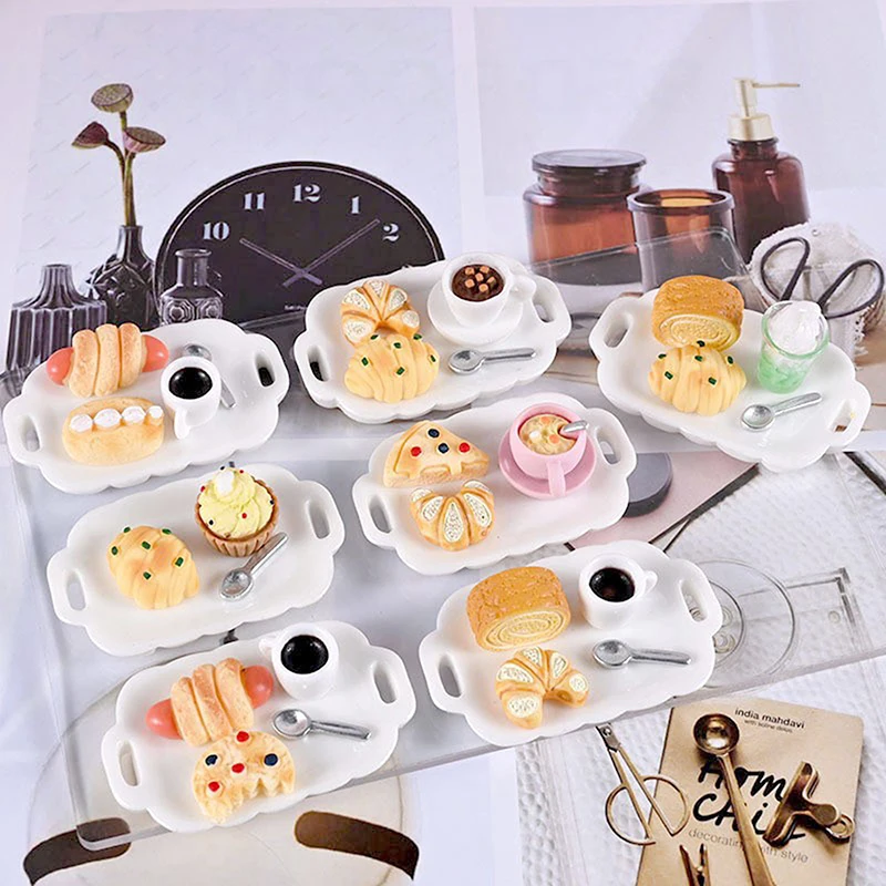 ●2sets Dollhouse Mini Kitchen Cake Bread Simulation Breakfast Set Miniature Food Play Scene Props