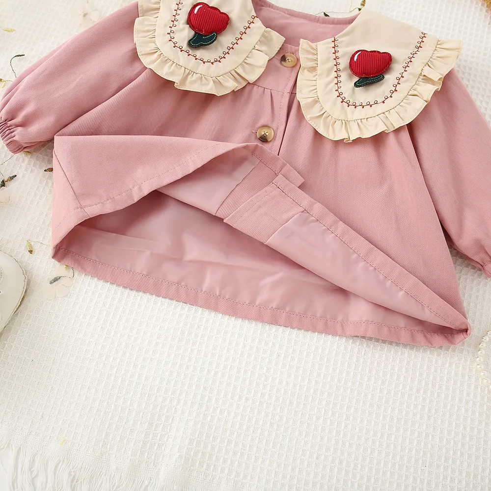 2023 Autumn Baby Jacket New Baby Girl Flowers Doll Neck Windbreaker Coat Korean Solid Cardigan Windbreaker