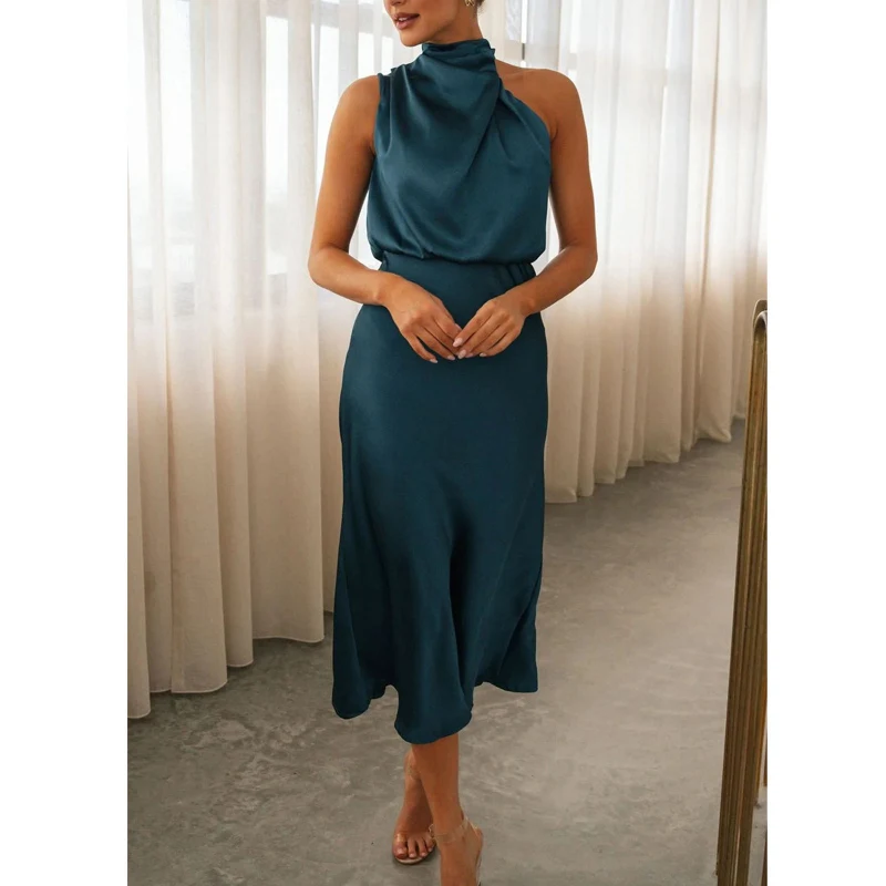 Elegant Satin Sexy Off Shoulder Asymmetrical Evening Party Dresses for Women Summer Fashion Sleeveless Slim Maxi Dress Vestidos