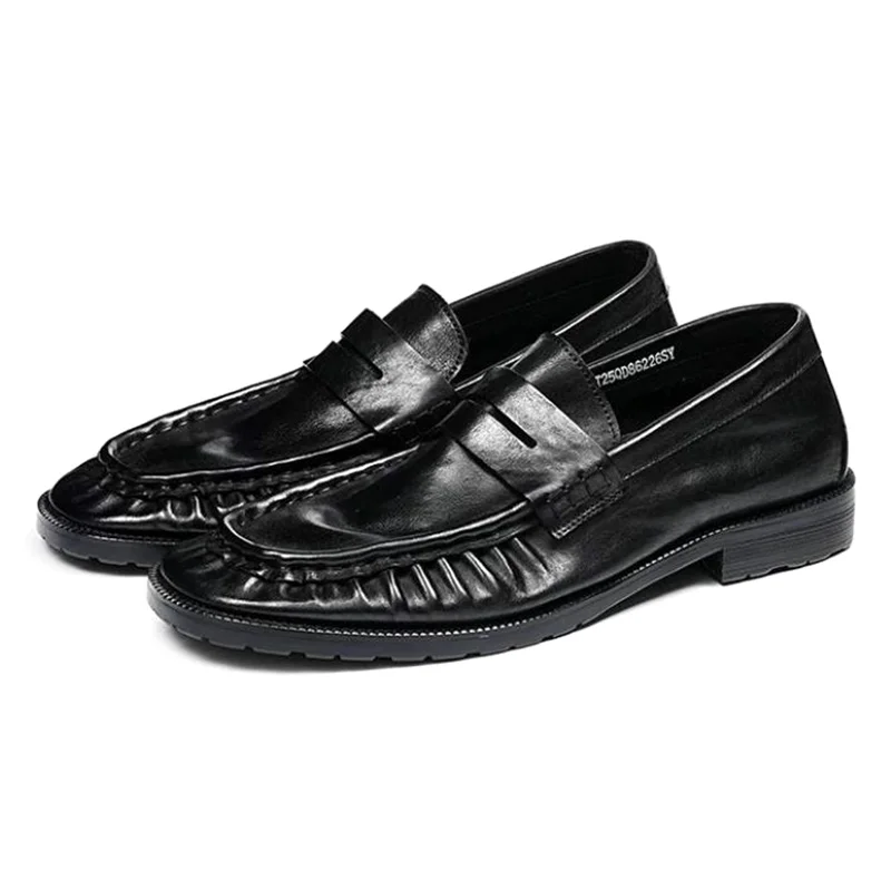 Soft Comfortable First-layer Calf Leather Shoes Men Vintage Pleated Surface Anti-wrinkle Square-toe Slip-on Loafers Dress Shoes
