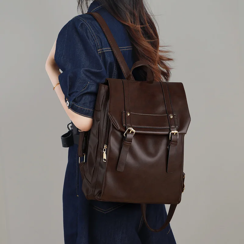 

Мягкий кожаный флип-рюкзак для девочек, женщин/мужчин, школьный рюкзак Cambridge, большая вместимость для поездок на работу, ежедневный компьютерный рюкзак для ноутбука