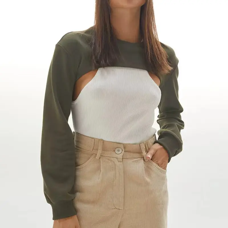 

Women Casual 100% Cotton Crop Hoodie Long Sleeves Hooded Sweatshirt Gym Workout Bare Midriff Jogging Top