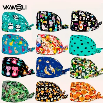 Gorro exfoliante ajustable con estampado de dibujos animados, gorro de enfermería para salón de belleza, gorros de trabajo para servicio de salud, gorro exfoliante para tienda de mascotas, gorro de enfermería