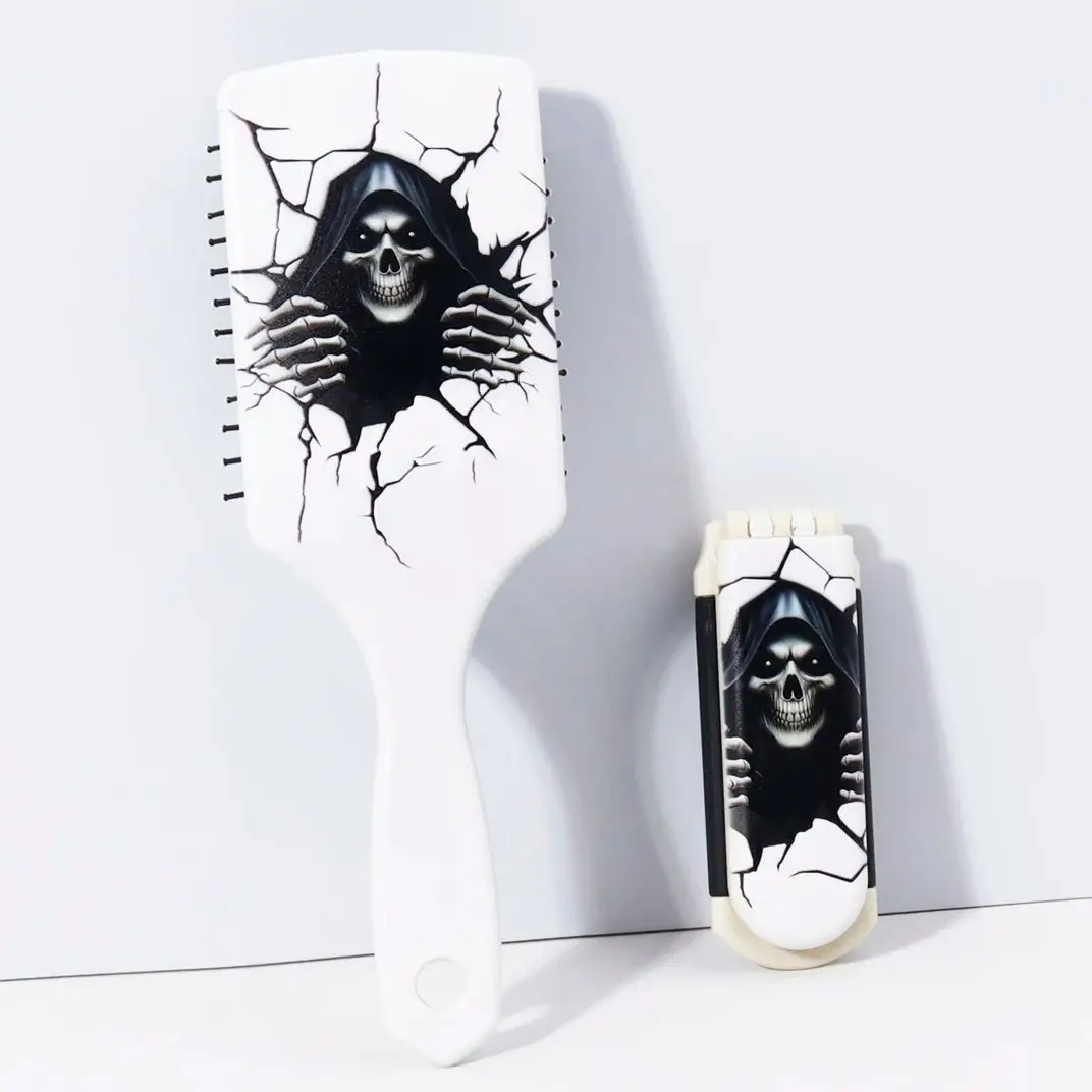 

Mysterious Skeleton Pattern Comb Set, Knotting Brush, Compact Folding Mirror Comb with Air Cushion,Special for real hair wigs