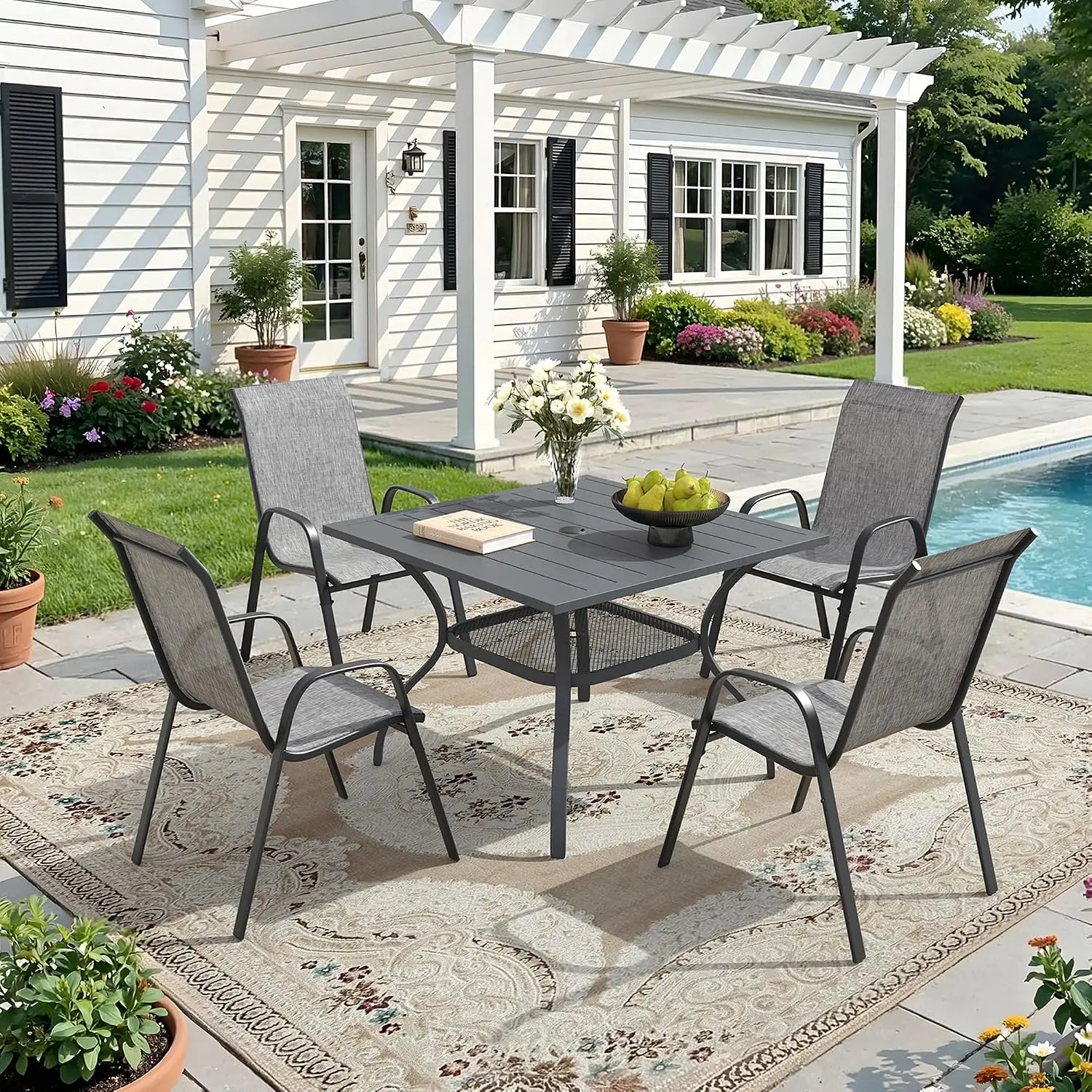 5 Piece Outdoor Dining Set Metal Table & Textilene Chairs, Customized