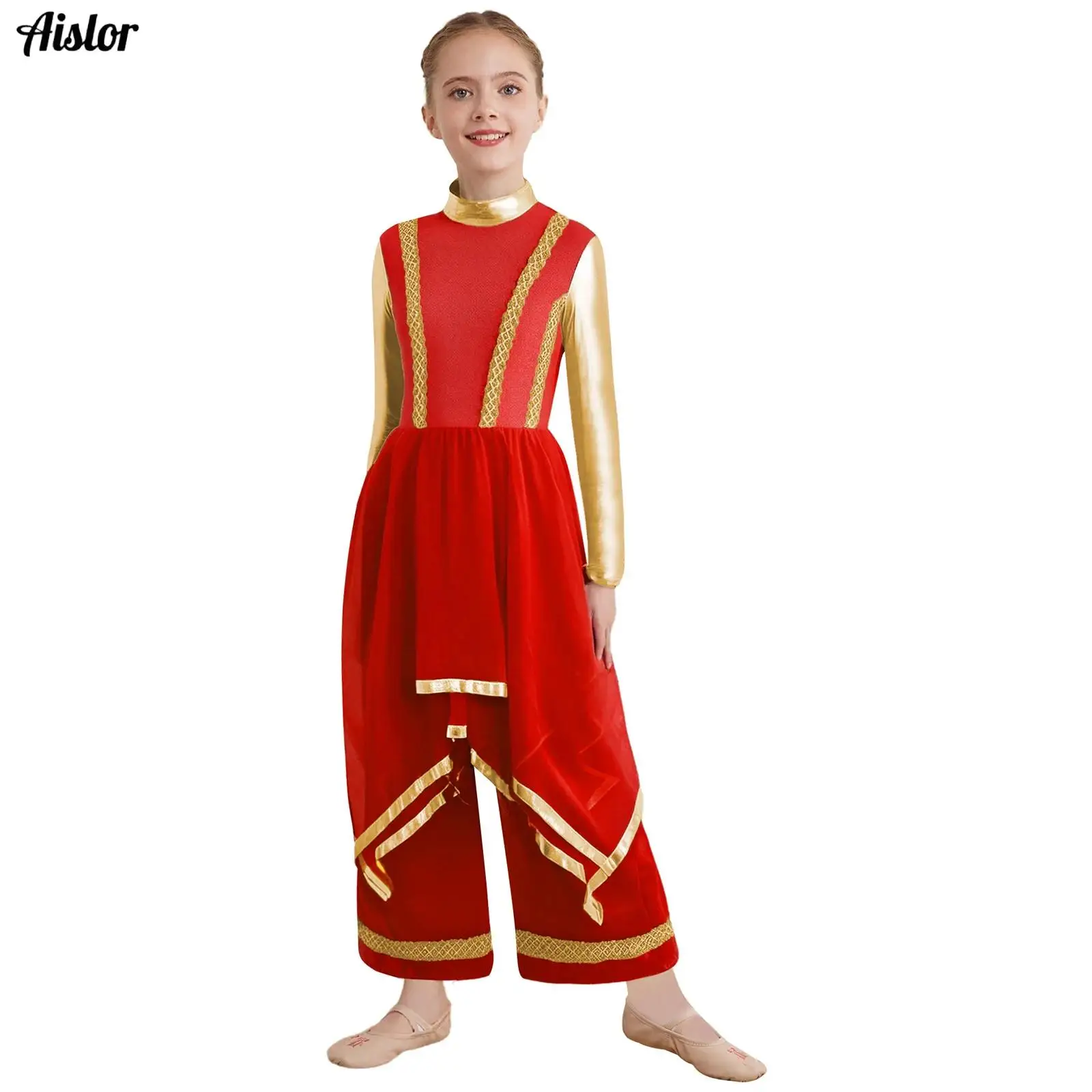 

Kids Girls Worship Liturgical Praise Dress Long Sleeve Gold Trim Metallic Color Block Irregular Hem Wide-Leg Pants Dance Dress