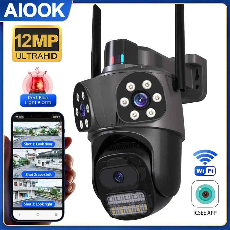 

AIOOK ICSEE WIFI Camera HD 12MP Outdoor Waterproof IP Camera Two-way Intercom Night Mobile Tracking Lights Alarm 3 Lens CCTV