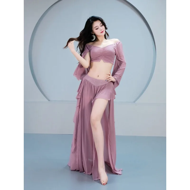 Customized Belly Dance Costume Women Oriental Dance Set Long Sleeved Practice Outfit Lotus Leaf Ribbon Class Outfit 2Pcs