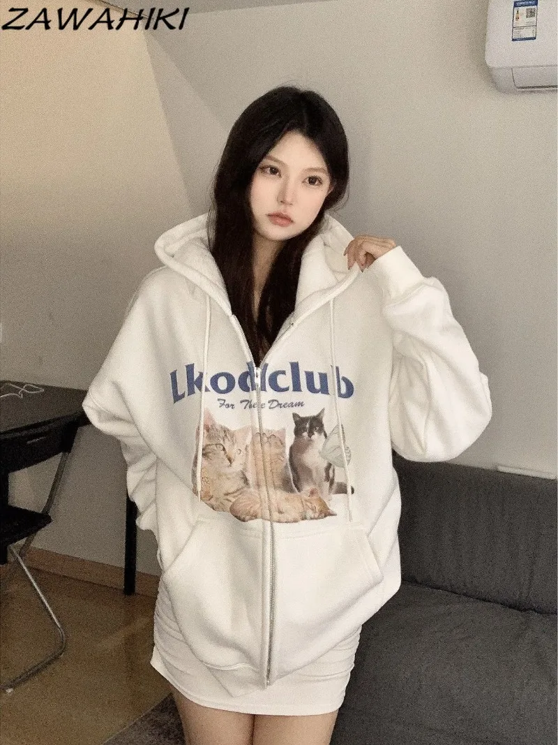 

Hoodies Women American Loose Oversize High Street Letter Cartoon Cat Print Zipper Designed Lovers Korean Fashion Sweatshirts