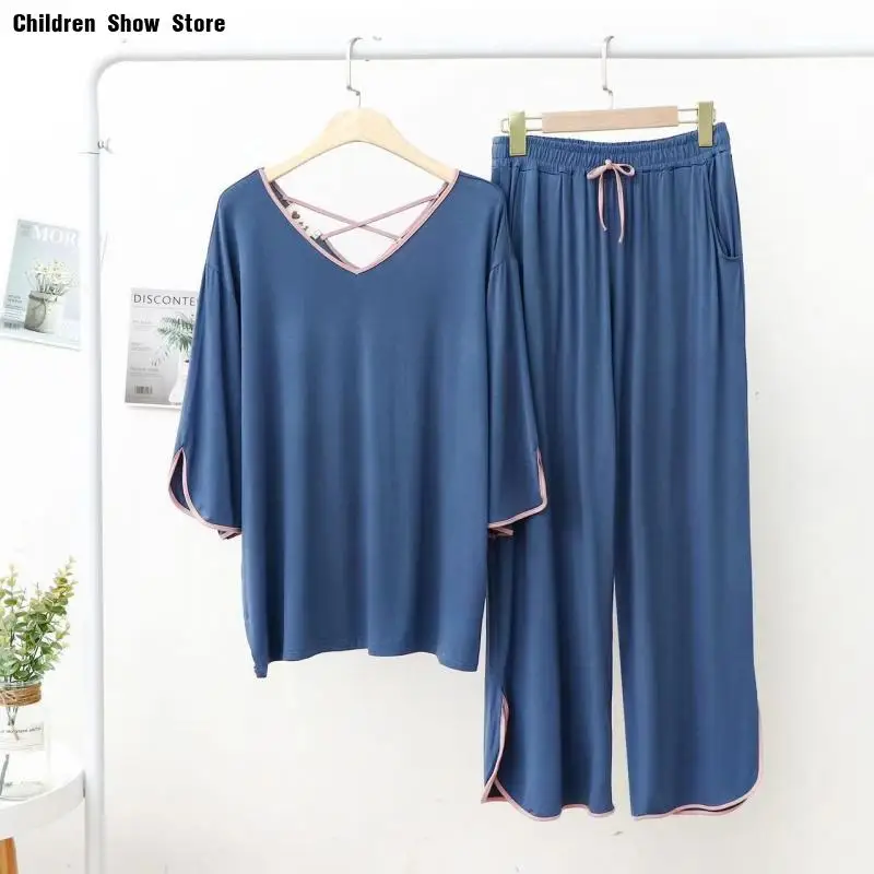 Plus Size Solid Color Summer Home Suit Loose Sleepwear Modal Sleepwear for Women Sexy Backless T-Shirt Short Sleeves Outfit