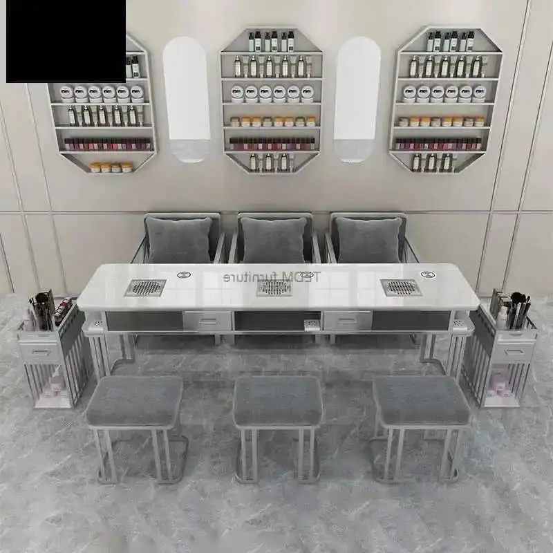 Light Luxury Silver Nail Tables Professional Salon Furniture for Beauty Salon Manicure Table and Chair Set with Vacuum Cleaner