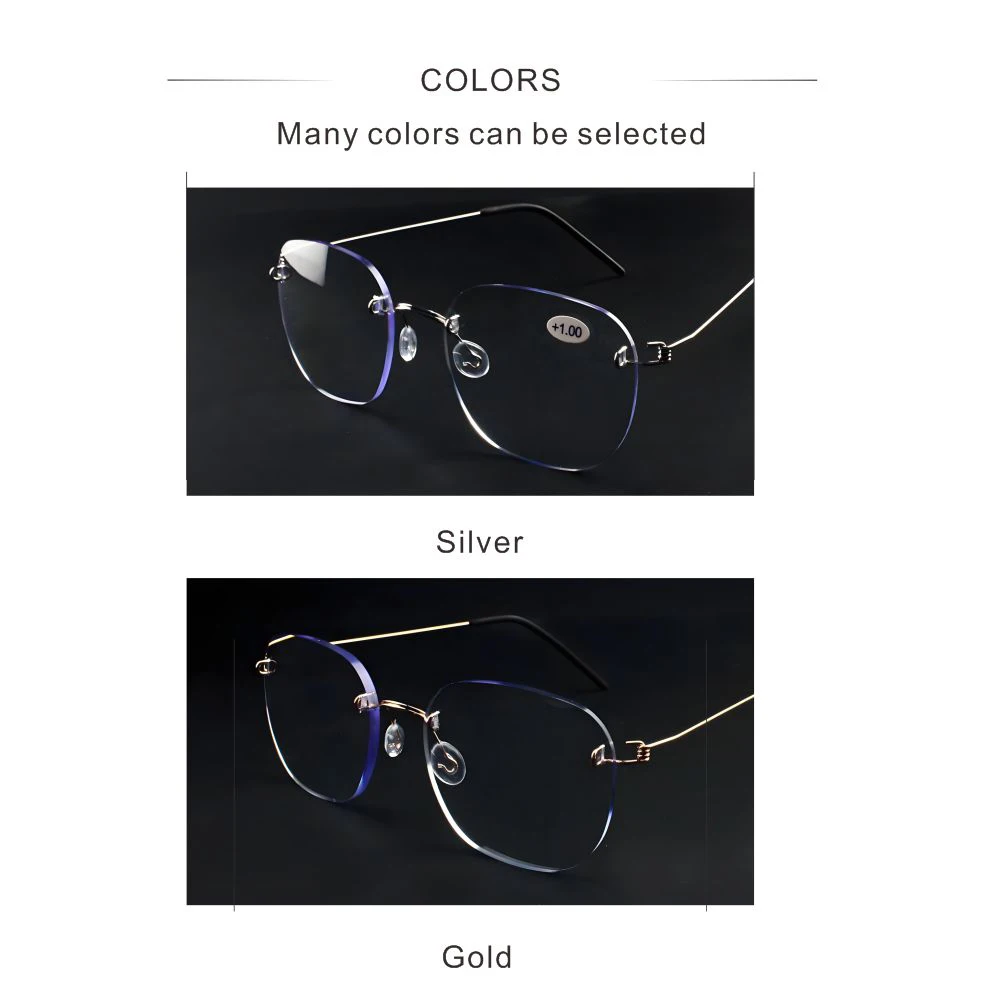 Blaulicht-Lesebrille für Damen und Herren, modische Business-Brille, randlos, Metall, extra groß, Silber + 1,5, 2, 2,5, 3, 3,5 – Detail 3