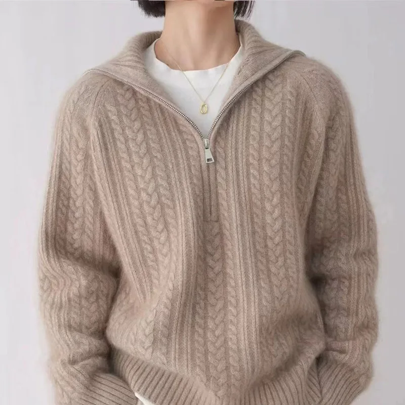 

Women's European Style High Neck Wool Sweater Thick Loose Fit with Large Collar Half Zipper Cable Knit Solid Color Cashmere