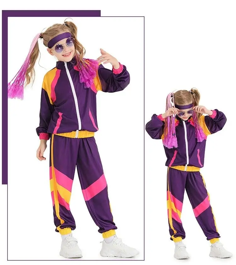 Kids Girls 70s 60s 80s Costume ragazzi bambino tuta 1980s altezza della festa di moda discoteca hippie shell suit tuta sportiva ecoparty