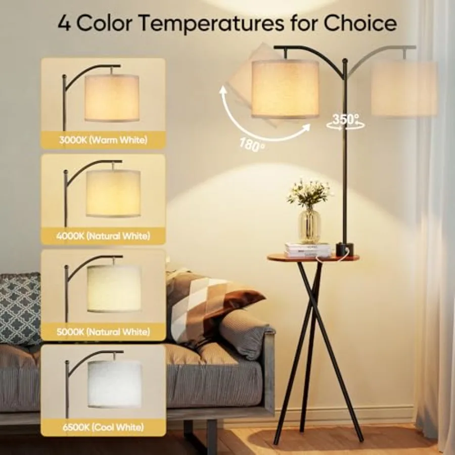 Floor Lamp with Table End Table Lamp with Remote Control and Charging Station USB A and Type-C and AC Port 4 Color Temperatures