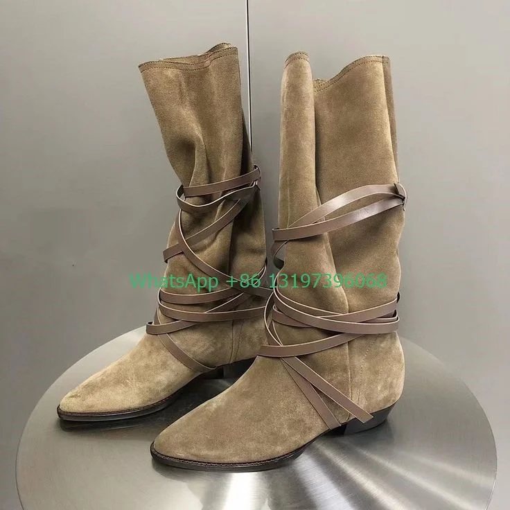 Lady suede flat knee cowboy boots lace-up design brown color boots  summer fall T show calf shoes daily dress footwear size 43