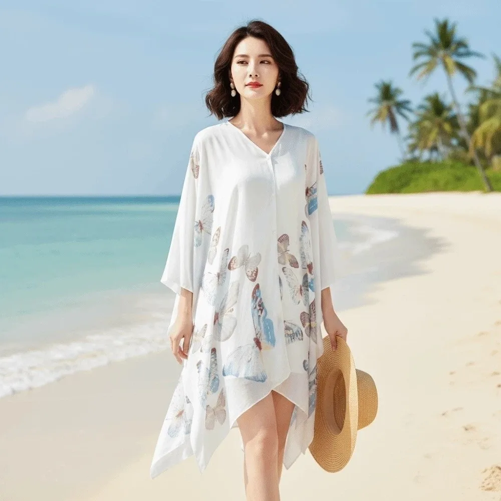 

Breathable Sunscreen Butterfly Shawl Long Polyester Thin Large Scarf with Buckle Lightweight Seaside Vacation Cloak