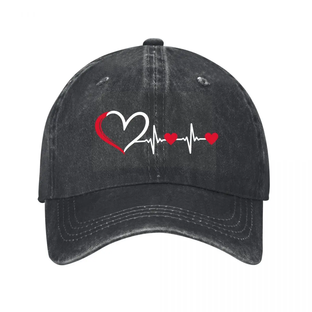 Red Heartbeat Line Love Hearts Romantic Graphic Washed Baseball Cap Outdoor Hat