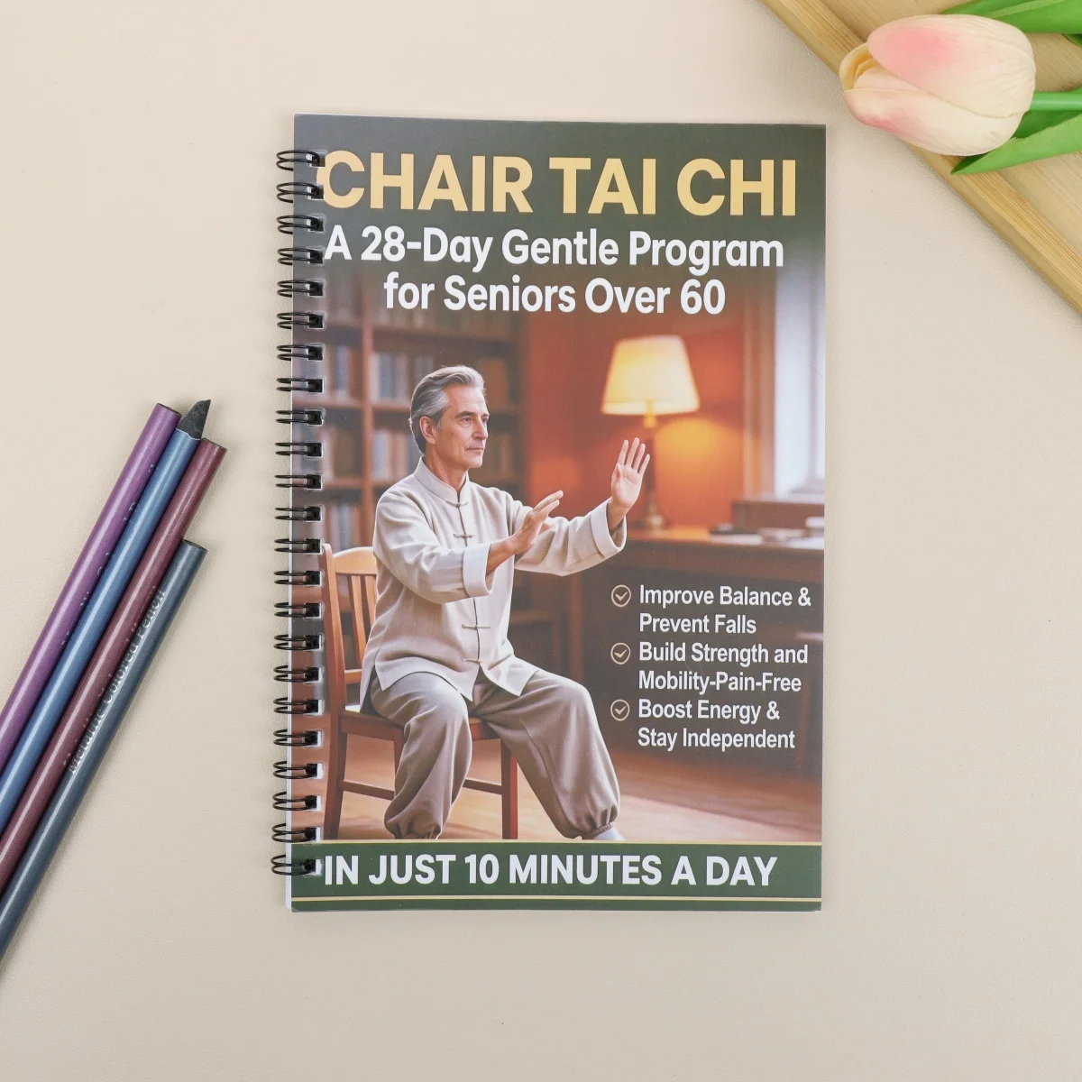 Chair Tai Chi Book for Seniors Over 60, 28-Day Gentle Program 10 Minutes a Day, Spiral Bound Step-By-Step Guide to Improve Balan