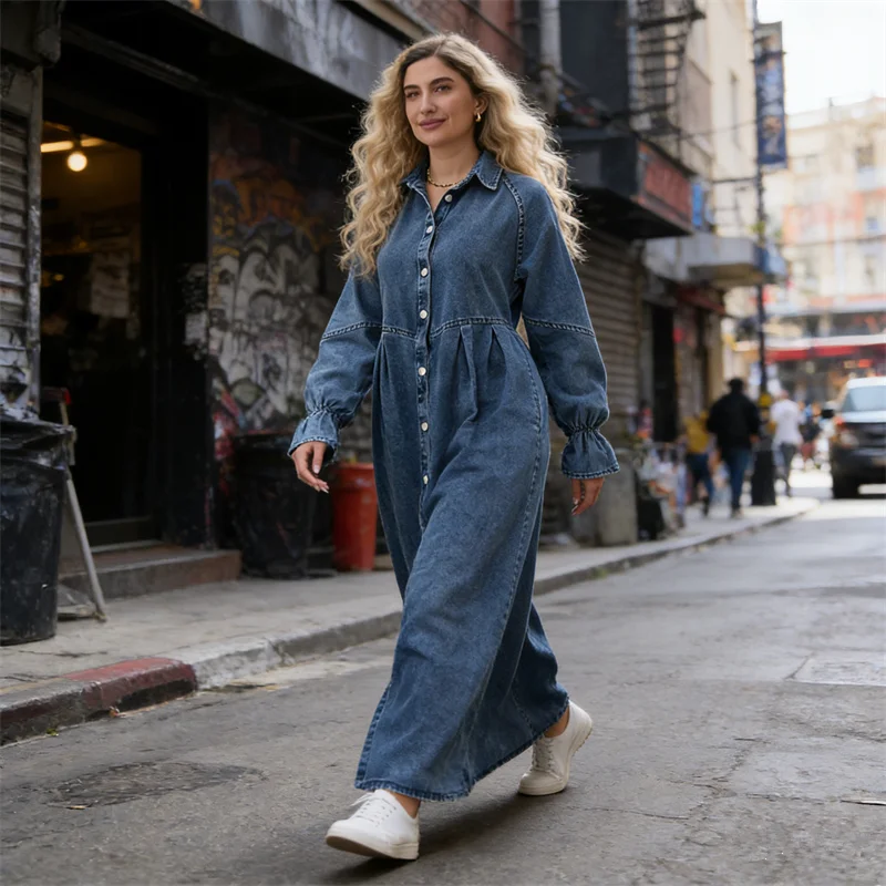 

Новое мусульманское женское джинсовое платье 2026 года, винтажное макси-платье, рубашка на пуговицах, дубайская абайя, кафтан, исламская одежда, платья для Рамадана