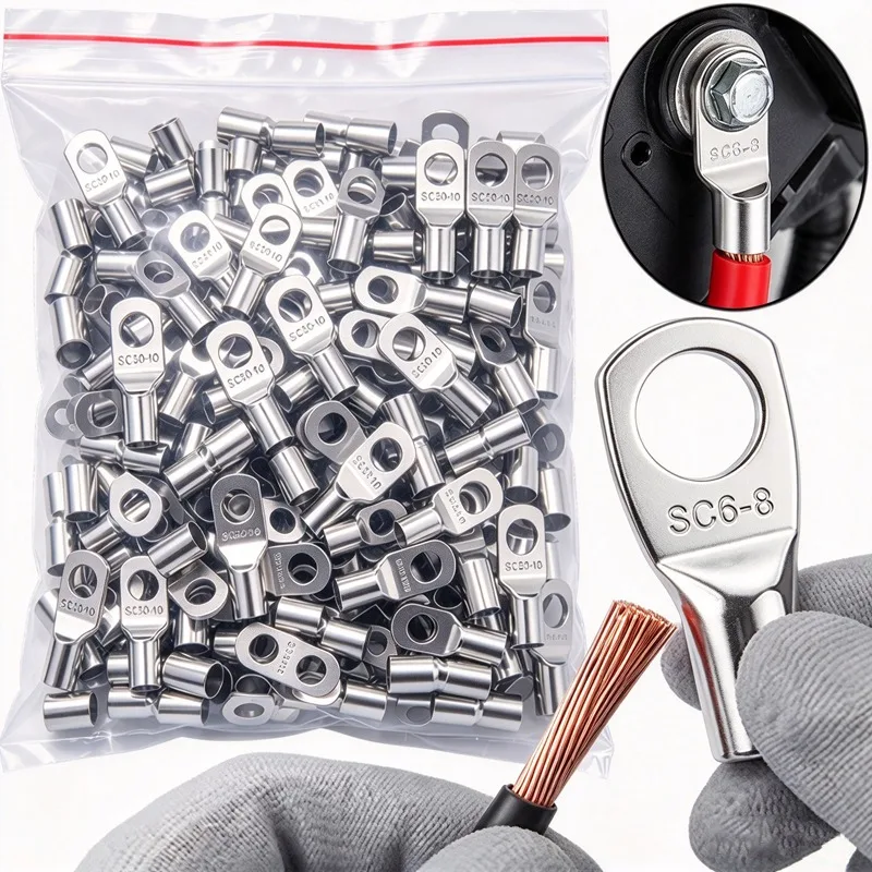 10-100PCS Tinned Copper Lugs Ring Crimp Terminals Copper Bolt Hole SC Ring Tubular Terminals Battery Cable Ends Connectors Kit
