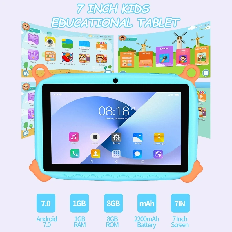 Tablette pour enfants avec écran de 7 pouces, appareil éducatif pour l’apprentissage précoce, jouet d’éveil, livrée avec une coque de protection.